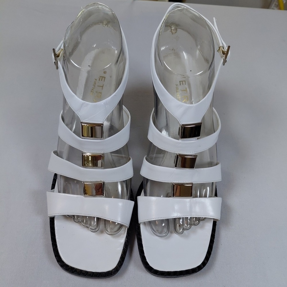 Petra Firenze Leather Sandals Block Heel Square Toe 8M White Made In Italy